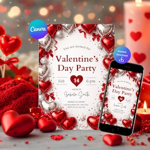Könnte beinhalten: Eine Einladung zur Valentinstagsparty mit roten und silbernen Herzdekorationen. Die Einladung wird auf einem Smartphone und einer gedruckten Karte angezeigt. Auf der Karte steht "You are invited for Valentine's Day Party Feb 14 6pm".