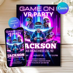 Könnte beinhalten: Eine digitale Einladung für eine VR-Party mit Neon-Design und dem Text "GAME ON! VR PARTY". Die Einladung enthält den Namen "JACKSON" und Veranstaltungsdetails. Ein Smartphone zeigt das gleiche Design.