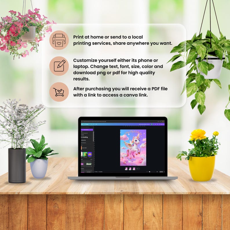 K&ouml;nnte beinhalten: Ein Laptop mit einer farbenfrohen Einhorn-Grafik steht auf einem Holztisch. Der Bildschirm zeigt eine Designoberfl&auml;che. Text auf einer transparenten &Uuml;berlagerung beschreibt Druck- und Anpassungsoptionen. Topfpflanzen und H&auml;ngek&ouml;rbe mit Blumen umgeben den Laptop.