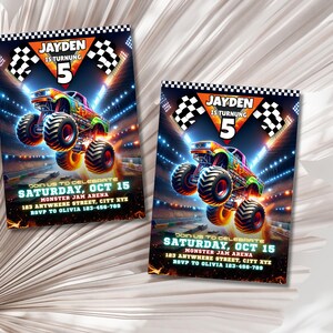 May include: Two invitations with a monster truck theme. Each invitation features a colorful monster truck jumping in front of a stadium with the text "JAYDEN IS TURNING 5" and event details.