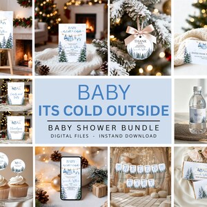 Könnte beinhalten: Ein Babyparty-Bundle mit Winterthema. Das Design zeigt ein blau-weißes Farbschema mit Illustrationen von Kiefern und Schneeflocken. Der Text "Baby It's Cold Outside" ist prominent dargestellt, zusammen mit anderen Babyparty-Elementen.
