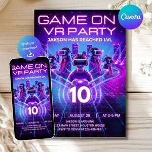 Puede incluir: Una vibrante invitación para una fiesta de realidad virtual, con un diseño futurista en tonos neón morados y azules. El diseño incluye el texto "GAME ON VR PARTY" y "JAKSON HAS REACHED LVL", con el número "10" en un lugar destacado. Un smartphone muestra el mismo diseño.