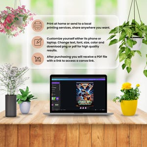 May include: A laptop displaying a colorful monster truck birthday party invitation design. The screen shows text and graphics. The image also includes text about printing options and customization.