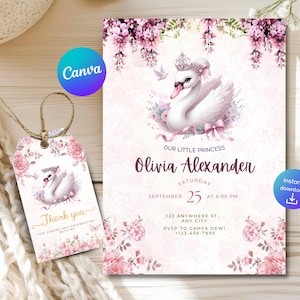 K&ouml;nnte beinhalten: Einladungs- und Dankeskarten-Set zum Thema Prinzessin. Die Einladung zeigt eine Schwan-Illustration mit Krone, floralen Akzenten und Veranstaltungsdetails. Das Etikett sagt "Danke" und enth&auml;lt ein Schwan- und Blumendesign.