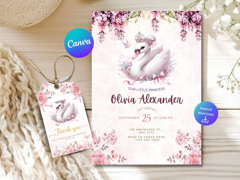 K&ouml;nnte beinhalten: Einladungs- und Dankeskarten-Set zum Thema Prinzessin. Die Einladung zeigt eine Schwan-Illustration mit Krone, floralen Akzenten und Veranstaltungsdetails. Das Etikett sagt "Danke" und enth&auml;lt ein Schwan- und Blumendesign.