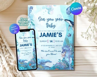 Sea You Soon Baby Shower Invitation, Sea Baby Shower, Under the Sea, Sea Baby Shower, Canva Editable, Under The Sea Shower Invitation