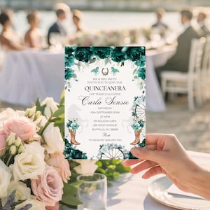 May include: A Quinceañera invitation card with teal floral and equestrian-themed illustrations. The card features the text "MR & MRS SMITH INVITE YOU TO JOIN THE QUINCEANERA OFF THEIR DAUGHTER Carla Sensie". The event details include the date, time, and location.