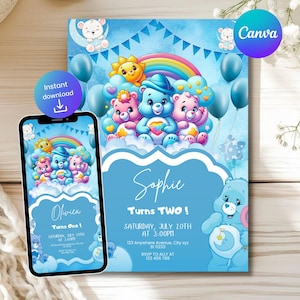 Printable Care Bears Birthday Invitation, Cute Bear Birthday Invitation, Care Bear Birthday Invite, Bear Invite, Care Bear Party Invite