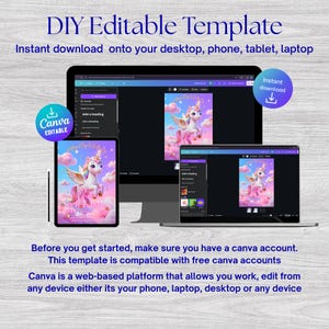 K&ouml;nnte beinhalten: Eine digitale, editierbare DIY-Vorlage, die auf einem Desktop-Computer, Tablet und Laptop angezeigt wird. Die Vorlage zeigt ein rosa-violettes Einhorn-Design. Das Bild enth&auml;lt den Text "DIY Editable Template" und "Canva Editable".