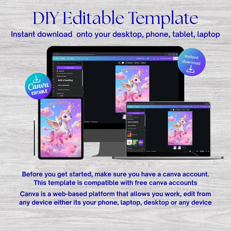K&ouml;nnte beinhalten: Eine digitale, editierbare DIY-Vorlage, die auf einem Desktop-Computer, Tablet und Laptop angezeigt wird. Die Vorlage zeigt ein rosa-violettes Einhorn-Design. Das Bild enth&auml;lt den Text "DIY Editable Template" und "Canva Editable".