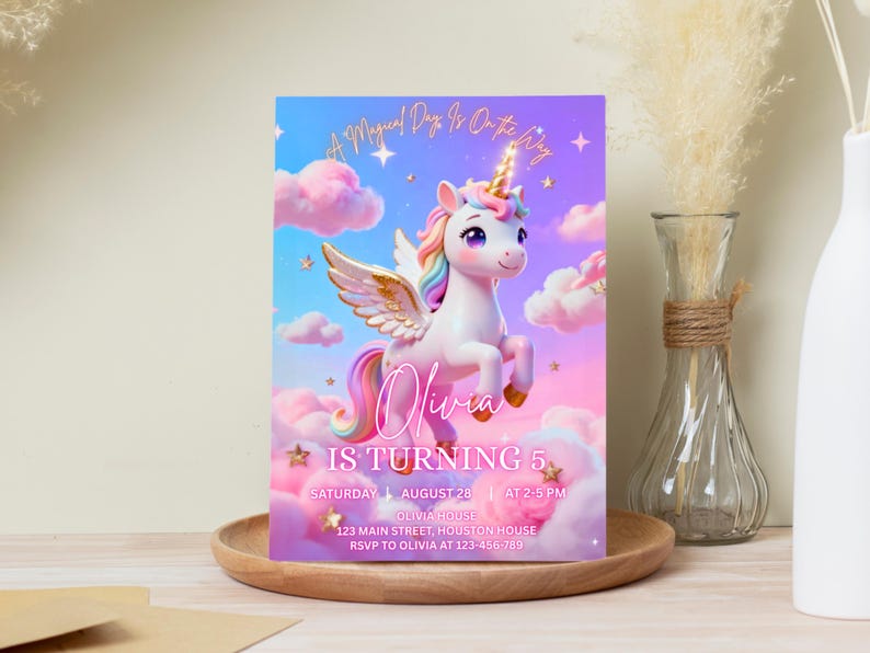 K&ouml;nnte beinhalten: Eine Geburtstagseinladung mit einem Einhorn mit goldenem Horn, Fl&uuml;geln und einer Regenbogenm&auml;hne und -schwanz. Auf der Einladung steht "Olivia wird 5" mit Veranstaltungsdetails. Der Hintergrund ist ein Farbverlauf aus Blau, Rosa und Lila mit Wolken und Sternen.