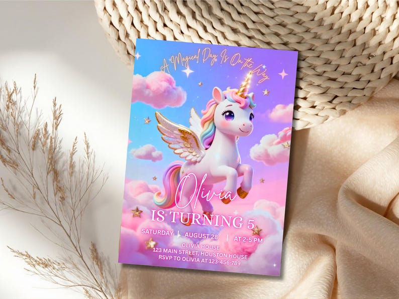 K&ouml;nnte beinhalten: Eine farbenfrohe Einladungskarte mit einem Einhorn mit goldenem Horn und Regenbogenm&auml;hne. Auf der Karte steht "Olivia WIRD 5" mit Veranstaltungsdetails. Der Hintergrund ist ein vertr&auml;umter Himmel mit Wolken und Sternen.