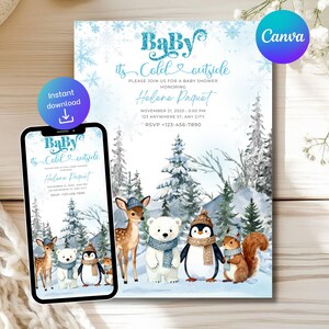 Könnte beinhalten: Eine Babyparty-Einladung mit Winterthema. Die Einladung enthält den Text "Baby, it's cold outside" und Illustrationen von Waldtieren. Ein Smartphone zeigt das gleiche Design. Das Design ist als Sofort-Download verfügbar.