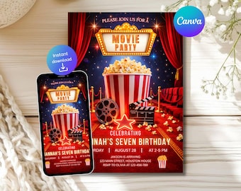 Invitación para fiesta de cumpleaños de cine, plantilla de invitación para noche de cine, temática de Hollywood, editable en Canva, descarga instantánea