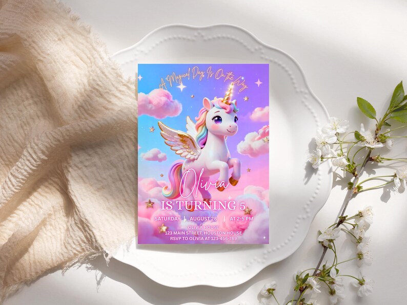 K&ouml;nnte beinhalten: Eine farbenfrohe Einladungskarte mit einem Cartoon-Einhorn vor einem Himmel- und Wolkenhintergrund. Der Text lautet "Olivia WIRD 5" mit Veranstaltungsdetails. Die Karte liegt auf einem wei&szlig;en Teller.