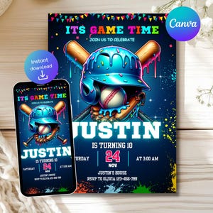 Puede incluir: Una invitación con temática de béisbol con el texto "IT'S GAME TIME" y "JUSTIN IS TURNING 10". El diseño presenta un casco de béisbol, un bate y una pelota en un estilo vibrante y colorido. Un smartphone muestra la misma invitación.