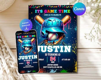 Invitación de cumpleaños con helado de béisbol: Plantilla editable, invitación con efecto de goteo de béisbol, descarga instantánea, Canva