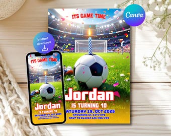 May include: Soccer-themed birthday invitation featuring a soccer ball with a candle on a green field. The invitation includes the text "It's Game Time" and details for Jordan's 10th birthday, including the date, time, and RSVP information. A smartphone displays the same design.