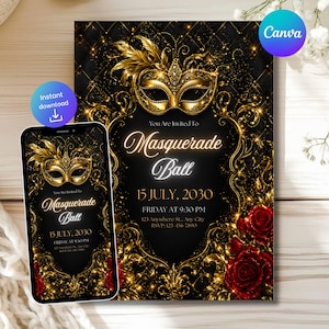 Könnte beinhalten: Eine schwarze und goldene Einladung zum Maskenball und ein Smartphone, das das gleiche Design anzeigt. Die Einladung zeigt eine goldene Maske, verzierte goldene Filigranarbeiten und rote Rosen. Der Text lautet "Masquerade Ball" und Veranstaltungsdetails.