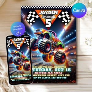 Op de afbeelding: Een kleurrijke monster truck verjaardagsuitnodiging met de tekst "Jayden wordt 5". Het ontwerp bevat een monster truck illustratie, geblokte vlaggen en evenement details. Een smartphone toont hetzelfde ontwerp.