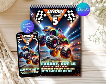 Invitación de cumpleaños de Monster Truck: Invitación de cumpleaños editable de Monster Jam, plantilla de Canva (descarga digital)
