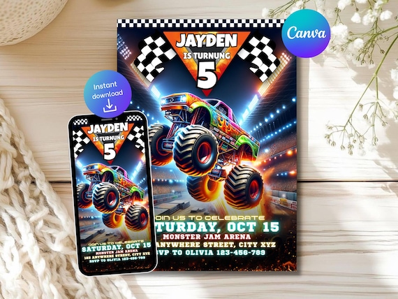 Monster Truck Birthday Invitation: Editable Monster Jam Birthday Invitation, Canva Template (Digital Download)