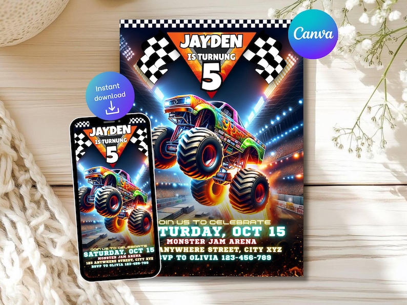 May include: A colorful monster truck birthday invitation featuring the text "Jayden is Turning 5". The design includes a monster truck illustration, checkered flags, and event details. A smartphone displays the same design.