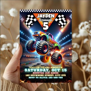 May include: A colorful monster truck birthday invitation with the text "JAYDEN IS TURNING 5". The invitation includes the text "SATURDAY, OCT 15" and event details. The design features checkered flags and a stadium background.