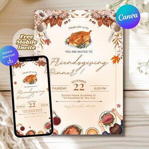Könnte beinhalten: Einladung zum Thanksgiving-Dinner mit einer Illustration eines gebratenen Truthahns. Die beige Einladung hat herbstliche florale Akzente und den Text "Friendsgiving Dinner!". Ein Smartphone zeigt die gleiche Einladung. Enthält "Free Mobile Invite" und "Instant Download" Grafiken.