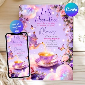 Könnte beinhalten: Eine lila Einladung mit dem Text "Lets Par-tea" und "Olivias 5. Geburtstag". Das Design umfasst eine Teekanne, eine Teetasse, Schmetterlinge und florale Elemente. Ein Smartphone zeigt das gleiche Design.