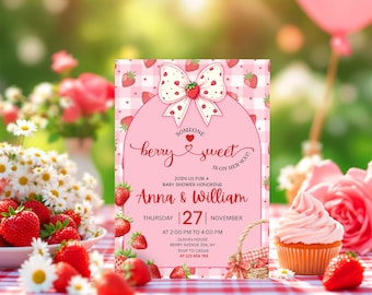 Strawberry Baby Shower Invitation Template: Berry Sweet Baby Shower Invite, Strawberry Theme (Digital Download)