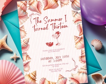Editable The Summer I Turned Birthday Invitation, The Summer I Turned 13, Coastal Seashell Teen Girl Birthday, 13 Birthday Invitation