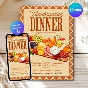 Könnte beinhalten: Design der Thanksgiving Dinner-Einladung. Das Design zeigt eine festliche Illustration eines Thanksgiving-Festmahls, einschließlich einer Vielzahl von Speisen. Die Einladung wird auf einem Smartphone und einem größeren Druck mit dem Text "Thanksgiving Dinner" angezeigt.