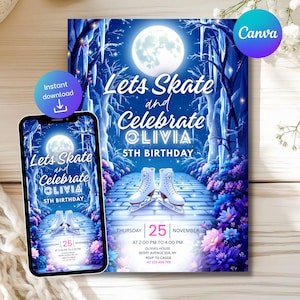 Puede incluir: Una invitación digital para una fiesta de 5º cumpleaños con temática de patinaje. El diseño presenta una luna llena, patines y el texto "Let's Skate and Celebrate Olivia". Un smartphone muestra la misma invitación.