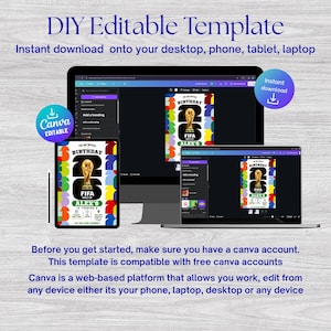 May include: A digital DIY editable birthday invitation template featuring a FIFA World Cup trophy graphic. The design includes the text 'BIRTHDAY', 'FIFA WORLD CUP', and 'ALEX'S IS TURNING 6'. The template is displayed on a computer monitor, a tablet, and a laptop screen, with Canva branding visible.