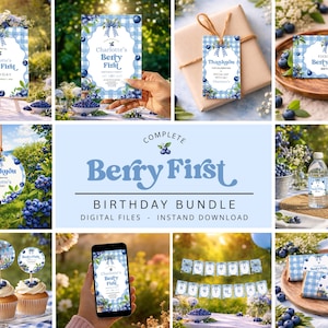 Könnte beinhalten: Eine Sammlung digitaler Geburtstagsdekorationen mit Blaubeer-Thema. Die Designs umfassen Einladungen, Cupcake-Topper, Wasserflaschenetiketten und Banner. Das Farbschema ist hellblau und weiß mit Blaubeer-Illustrationen und dem Text "Berry First".