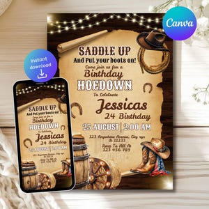 Puede incluir: Una invitación de cumpleaños con temática rústica y temática vaquera. El diseño presenta un pergamino con el texto "Saddle Up" y "Birthday Hoedown". La invitación incluye un sombrero de vaquero, botas e ilustraciones de herraduras.