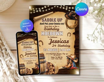 May include: A rustic-themed birthday invitation with a cowboy theme. The design features a scroll with text that reads "Saddle Up" and "Birthday Hoedown". The invitation includes a cowboy hat, boots, and horseshoe illustrations.