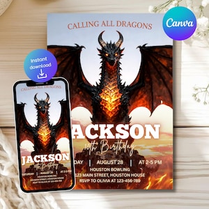 Könnte beinhalten: Eine Geburtstagseinladung mit Drachen-Thema. Die Einladung zeigt eine detaillierte Illustration eines schwarzen und orangefarbenen Drachen mit dem Text "CALLING ALL DRAGONS" und "JACKSON 10th Birthday". Ein Smartphone zeigt das gleiche Design.