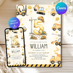 Könnte beinhalten: Eine Geburtstagseinladung mit Baustellen-Motiv, mit gelben Baggern, Lastwagen und der Zahl 5. Der Text lautet "Let's dig up some fun for William" und enthält Datum, Uhrzeit und Ort der Party.