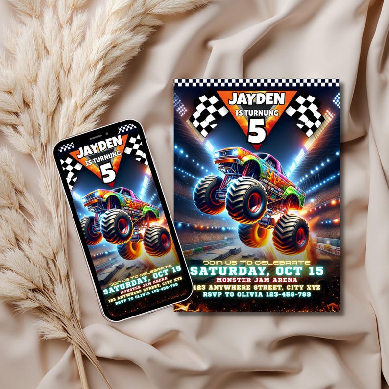May include: A colorful monster truck birthday invitation with the text "JAYDEN IS TURNING 5". The invitation includes the date, time, and location of the party. A smartphone displays the same invitation.