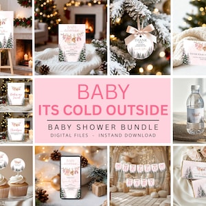 Könnte beinhalten: Eine Sammlung von Babyparty-Dekorationen mit Winterthema. Enthält Schilder, Einladungen, Cupcake-Topper, Wasserflaschenetiketten und ein Banner. Das Design zeigt ein Reh, Kiefern und den Text "Baby It's Cold Outside."