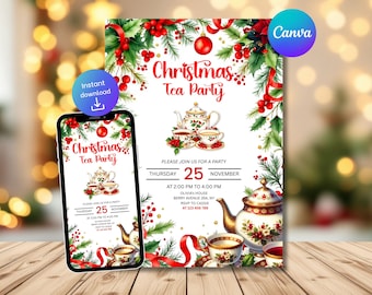 May include: A festive Christmas Tea Party invitation design. The invitation features a teapot, teacups, and holiday greenery. The text reads "Christmas Tea Party" and includes party details. A smartphone displays the same design.