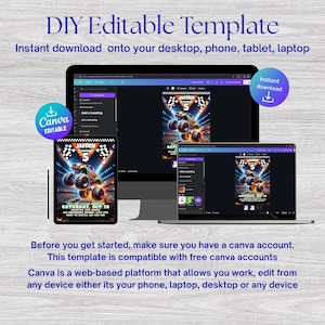 May include: A digital DIY editable template displayed on a desktop computer, tablet, and laptop. The template features a monster truck design with the name "JAYDEN" and the number "5". The text "Instant download" and "Canva Editable" are also visible.
