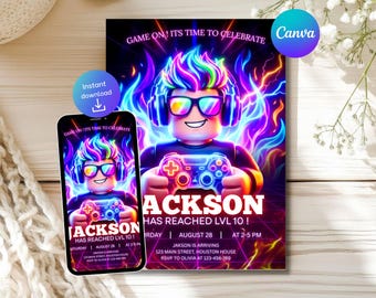 Blue Gamer Birthday Invitation, Rob Gaming Party Invite, Instant Download, Canva Editable Template