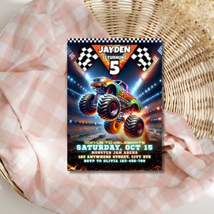 May include: A colorful monster truck birthday invitation with the text "JAYDEN IS TURNING 5". The invitation includes the text "JOIN US TO CELEBRATE SATURDAY, OCT 15" and event details. The invitation is set against a stadium background.