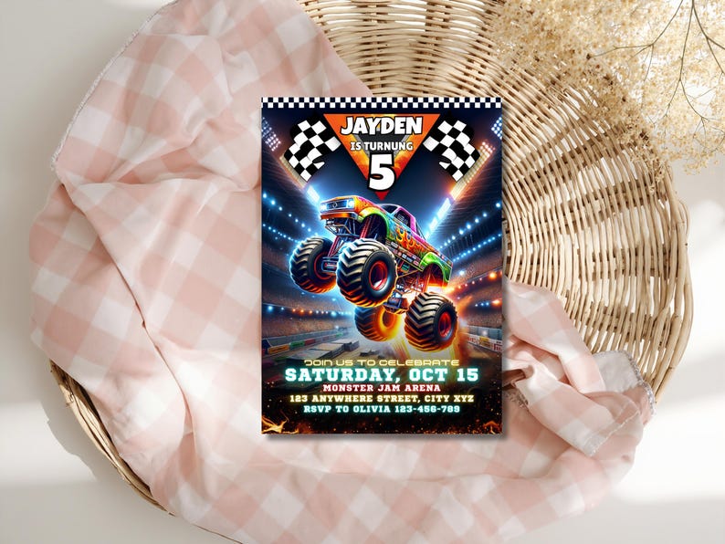 May include: A colorful monster truck birthday invitation with the text "JAYDEN IS TURNING 5". The invitation includes the text "JOIN US TO CELEBRATE SATURDAY, OCT 15" and event details. The invitation is set against a stadium background.