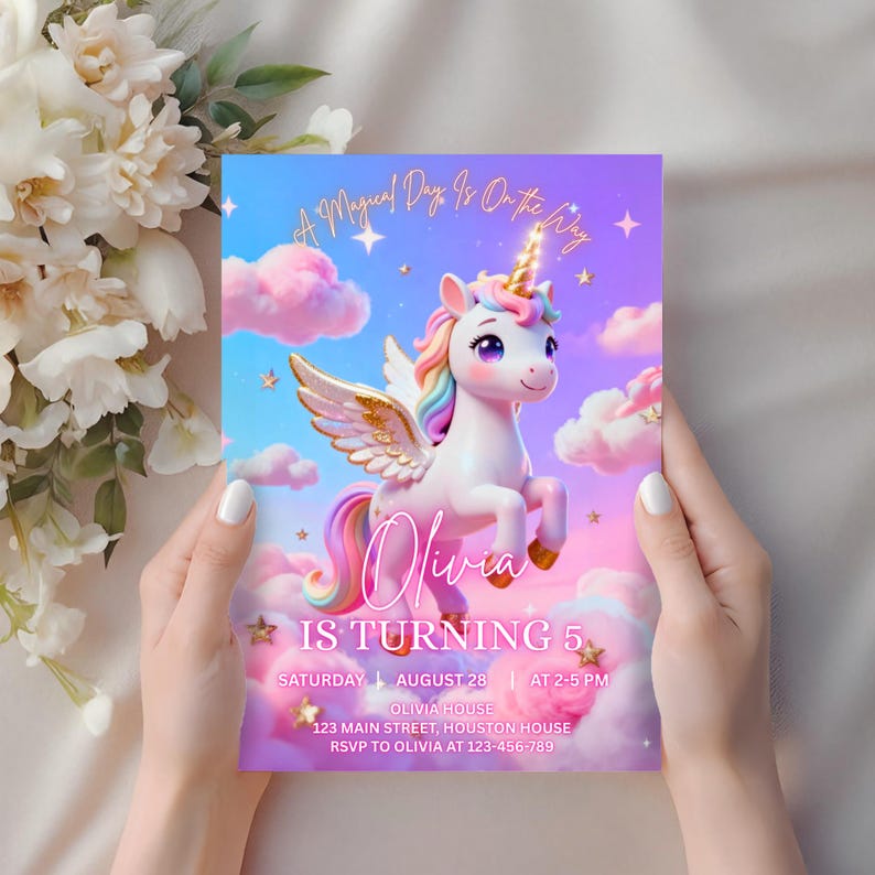 K&ouml;nnte beinhalten: Eine Geburtstagseinladung mit einem Cartoon-Einhorn, goldenem Horn und Fl&uuml;geln, vor rosa Wolken und blauem Himmel. Die Einladung lautet "Olivia wird 5" mit Veranstaltungsdetails.