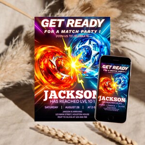 Puede incluir: Una invitaci&oacute;n a una fiesta con el texto "Get Ready for a Match Party!" presenta un dise&ntilde;o rojo y azul con el nombre "Jackson" y detalles del evento. Un smartphone muestra la misma invitaci&oacute;n.