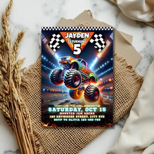 May include: A colorful monster truck birthday invitation with the text "JAYDEN IS TURNING 5". The invitation includes the date, time, and location of the party. The background features a monster truck arena.
